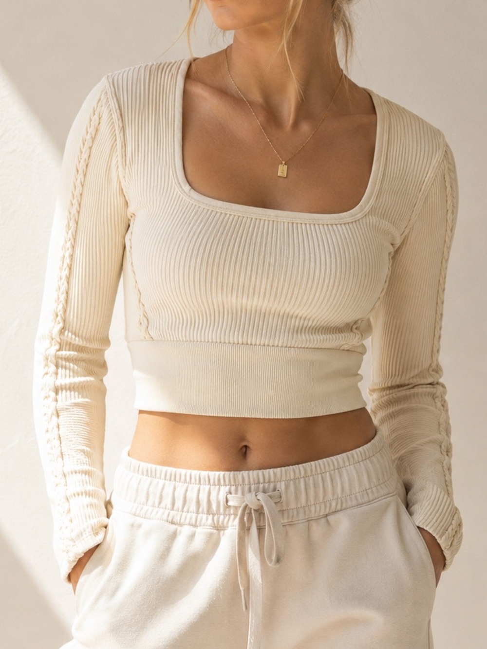Offline by Aerie Ribbed Square Neck Crop Top XL Cream Braided Detail